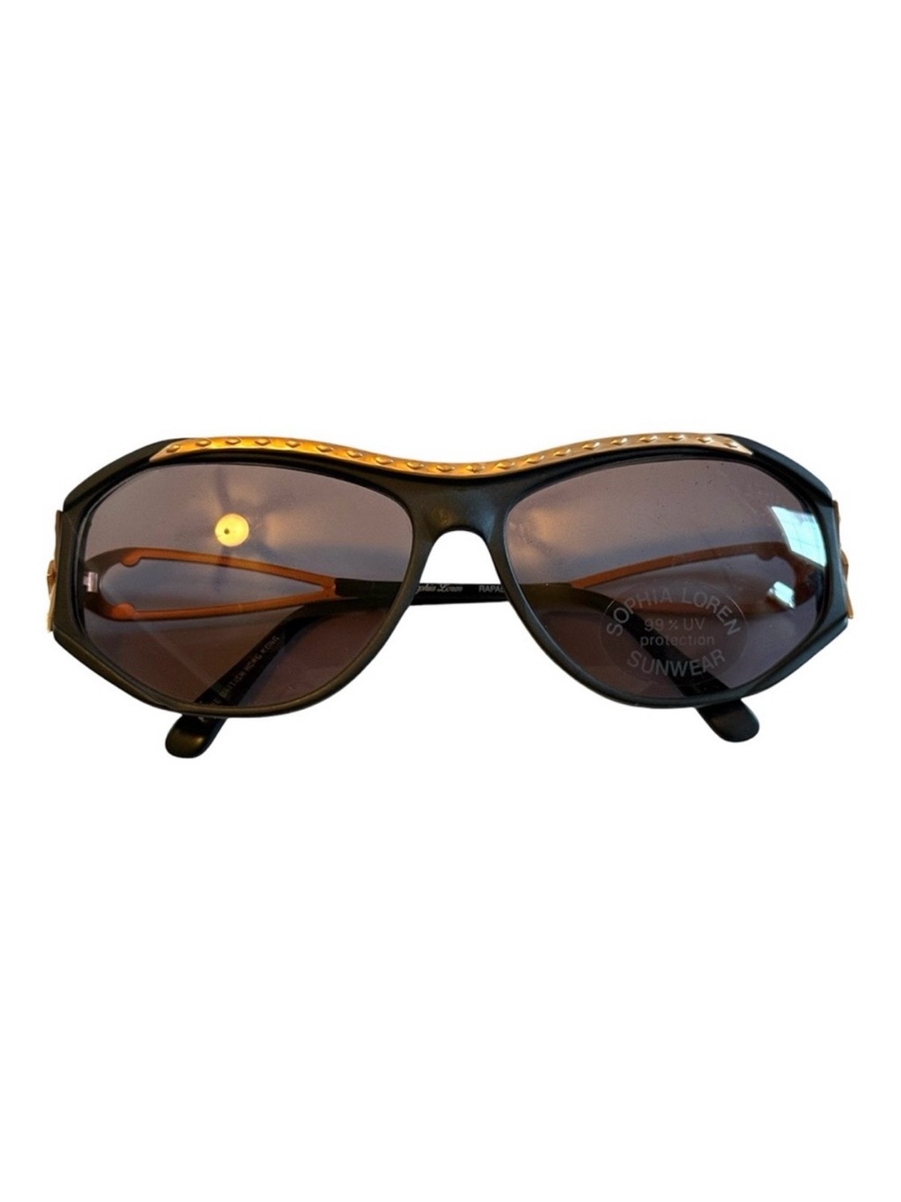 1980’s Sophia Lauren‎ Zylonware Sunglasses, Angular Black w Gold Details, Unworn